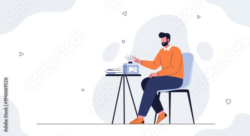 Man sitting at table, pressing button on device, illustration