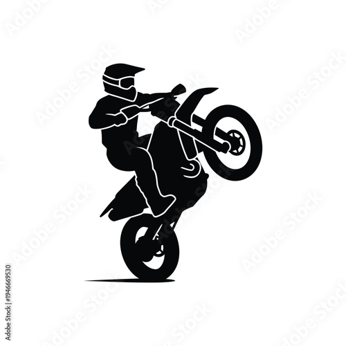 Dirt bike wheelie silhouette extreme motocross stunt vector illustration for motorcycle racing logo sports competition emblem off road biker action design element motorcycling enthusiast