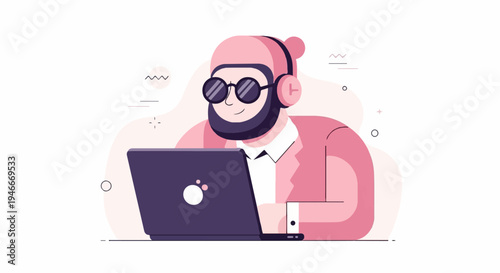Animated person with glasses, headphones, and beanie works on a laptop