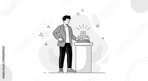 Man admires glowing heart icon on pedestal, symbolizing love, success, or achievement