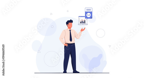 Businessman Juggling Data, Analytics, and Email Icons