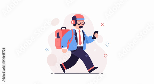 Animated man with backpack, headphones, and phone walks with determination