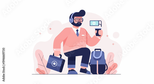 Animated person with headphones, phone, and luggage on a trip