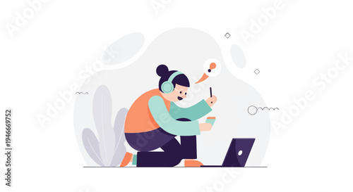 Animated person with headphones works on laptop and phone