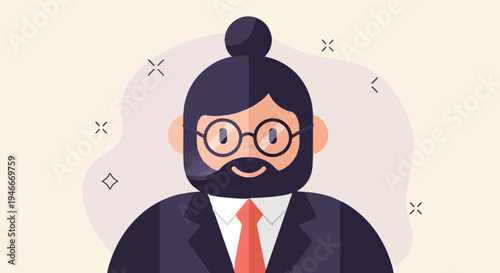 Animated man with beard, bun, and glasses wears suit
