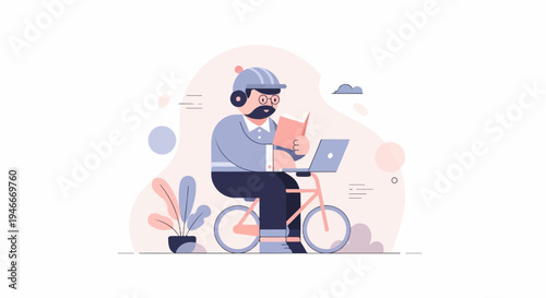 Animated man on bicycle with laptop and book, pink and blue palette