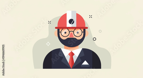 Animated professional in hard hat, glasses, and suit, looking smart