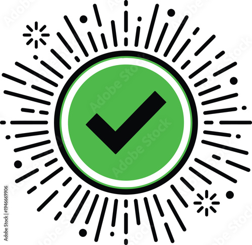 Green checkmark symbol with black lines and dots on white background