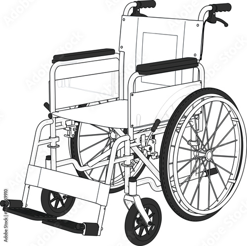 Manual Wheelchair Medical Mobility Aid Illustration with Detailed Wheels and Handrails for Disability Support, Healthcare Equipment, Rehabilitation, and Accessibility Design