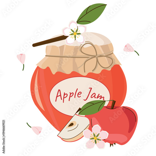  Jar of homemade apple jam, fresh red apples, slice and blossom vector illustration on white background