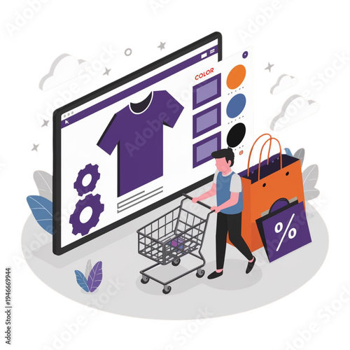 Man pushing shopping cart next to large computer screen showing tshirt color options online