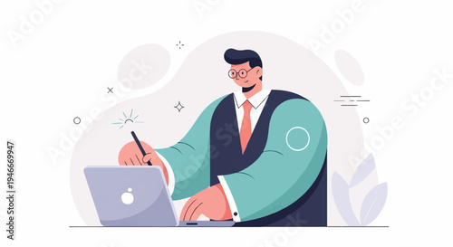 Animated man with glasses and tie uses laptop, holding stylus creating magic