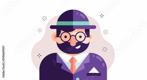 Animated man with glasses, beard, hat, and suit