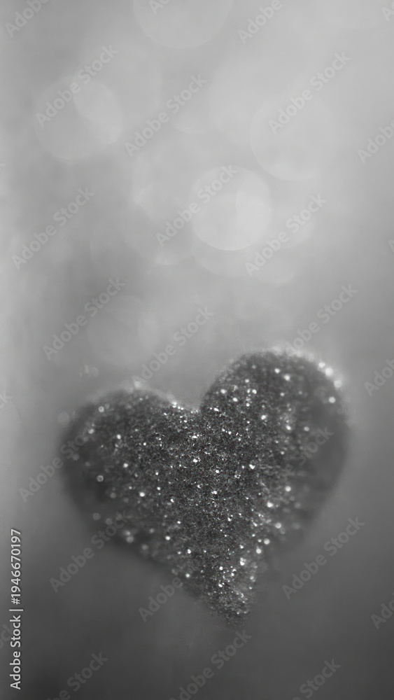 Fototapeta premium Glittering heart in grayscale bokeh.