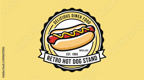 Retro Hot Dog Stand Delicious Diner Food Emblem.