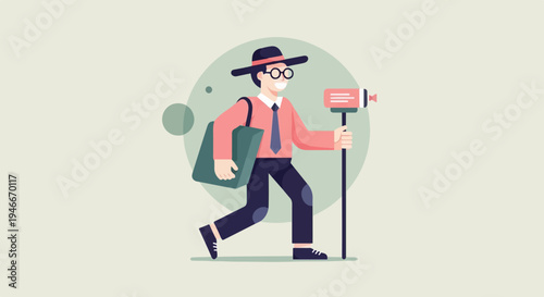 Animated person in hat with glasses and bag, holding a camera on a stick