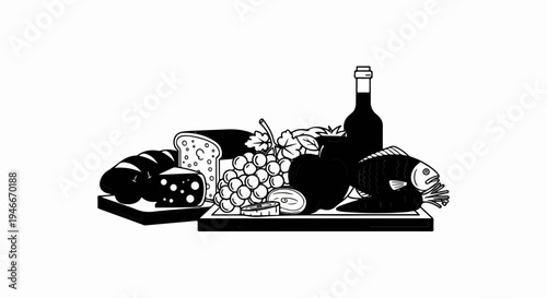 Assortment of food including bread, cheese, grapes, apple, fish, and a wine bottle