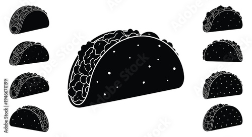 A black and white illustration of tacos on a plain background