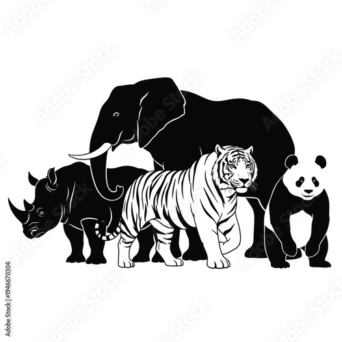 Black and white illustration of four endangered wild animals standing together  elephant rhino tiger panda