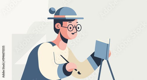 Animated person in a hat sketching in a book with a paintbrush