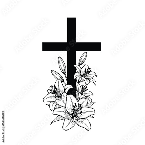 Black cross with white lilies flowers on white background