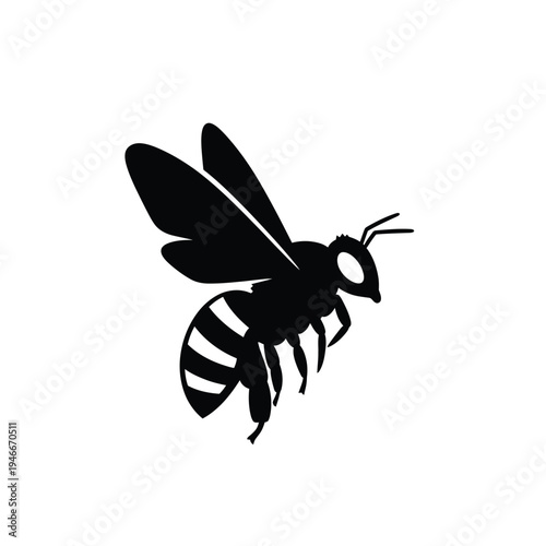 Black silhouette of a flying bee with striped abdomen and wings