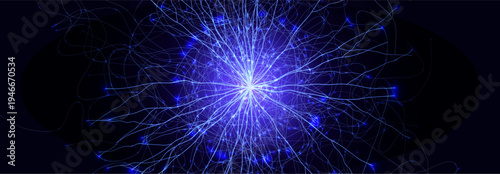 Neuron Firing Human Brain Neural Network Innovate Science Technology Background. Medical Neurology Bio Tech Scientific Research Banner Flash Glow Fractal. Blue AI Digital Net. Vector Illustration