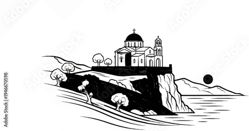 An ancient church sits atop a cliff overlooking the sea at sunset