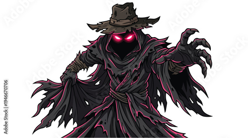 Scary Scarecrow Monster with Glowing Red Eyes and Tattered Clothes.