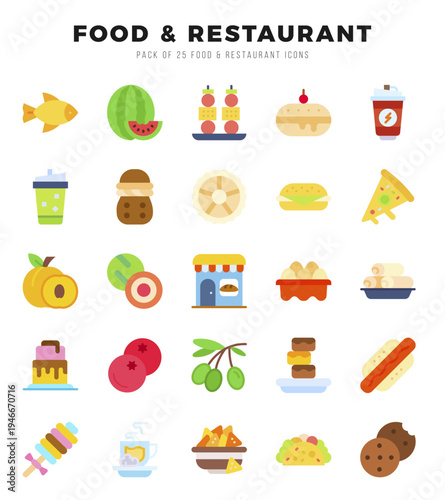 Vector Food and Restaurant types icon set in Flat style. vector illustration.