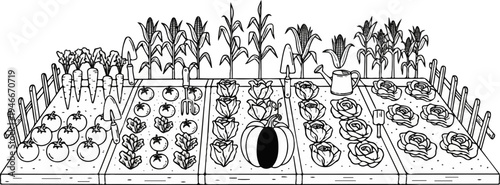 An illustrated garden bed with various vegetables, tools, and a fence