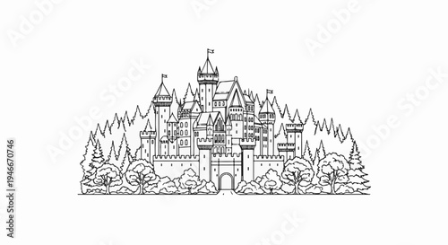 An intricate black and white drawing of a fairytale castle with tall spires, surrounded by trees