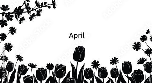 Black silhouettes of tulips and flowers on white background with April text
