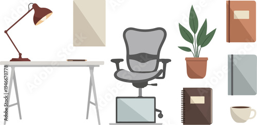 An office workspace with a desk, chair, lamp, laptop, plant, notebooks, and coffee