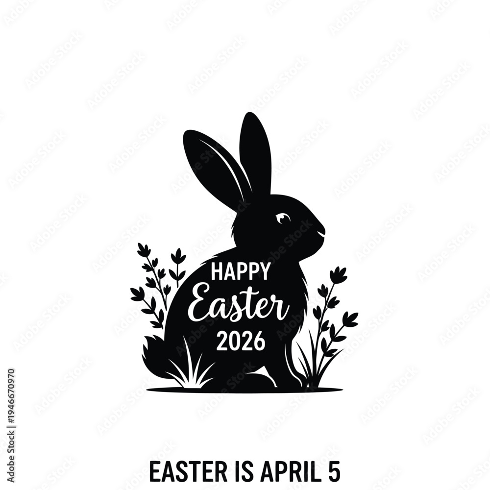 Fototapeta premium Easter 2026 celebration with happy rabbit and plants holiday graphic design