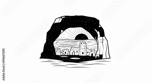 Ancient structures within a cave opening with a sunrise