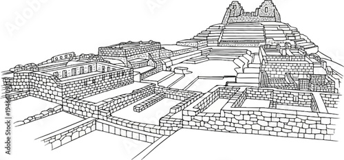 Ancient stone ruins with tiered structures and intricate courtyards