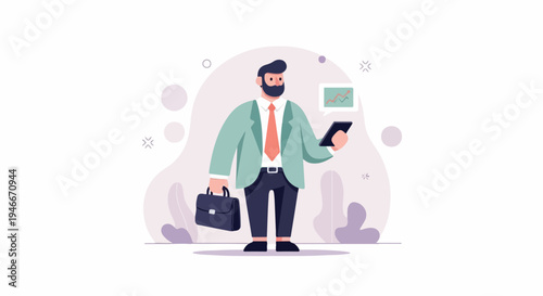 Animated man in suit with briefcase checking tablet displaying growth chart