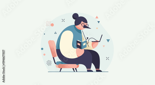 Abstract figure in chair reading a book and using a laptop