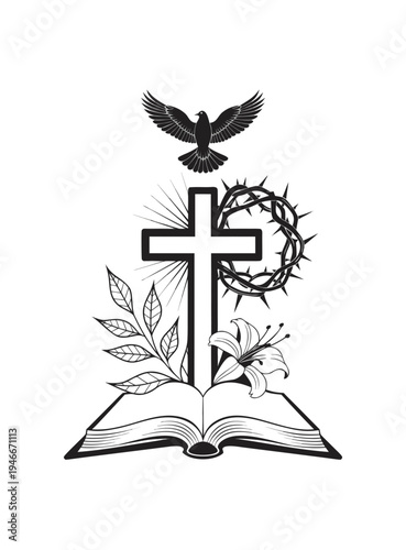 At the center is a Christian cross emerging from an open Bible. The composition is framed by a crown of thorns on the right and a lily and olive branch on the left.