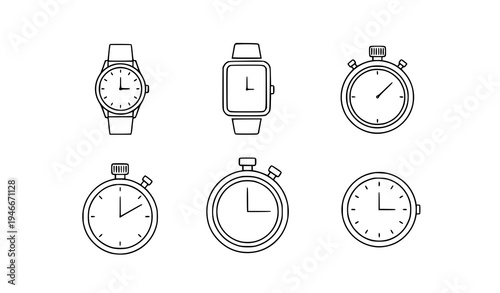 Modern Watch Line Icons – Smartwatch Stopwatch Time Vector Set