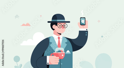 Animated businessman in suit, hat, and glasses with coffee and phone