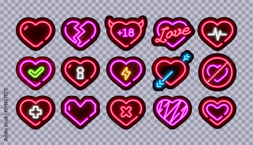 Neon heart sticker set with various love symbols and glowing effects. Bright romantic icons including broken heart, lock, check mark and lightning sign on transparent background