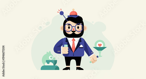 Animated businessman with glasses, beard, and bow tie holding phone and drink