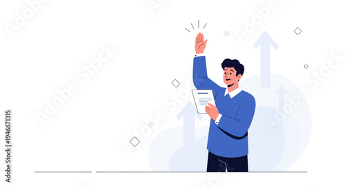 Man raising hand with document, business growth concept illustration