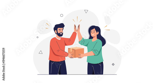 Delivery success: Man gives package to woman, high five, happy teamwork, illustration