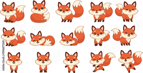 Cute Fox Character Collection with Different Standing, Sitting and Walking Poses in Adorable Woodland Animal Cartoon Style for Kids Nursery Designs.