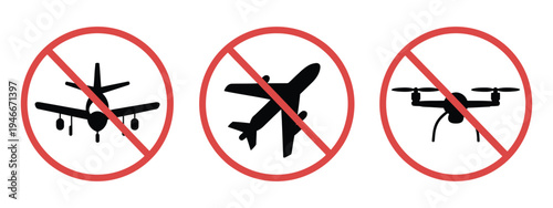 No Flying Warning vector illustration of plane and drone prohibition, travel restriction and safety warning symbol