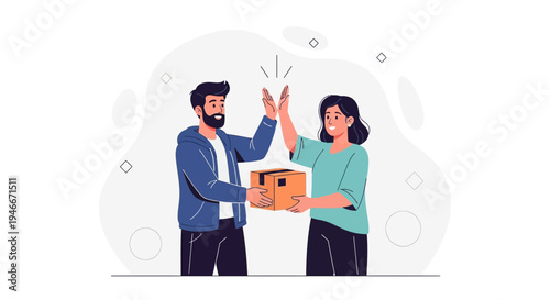 Delivery Success: Man Gives Package to Woman, High Five