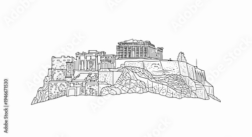 Ancient stone structures on a rocky hill under a white sky